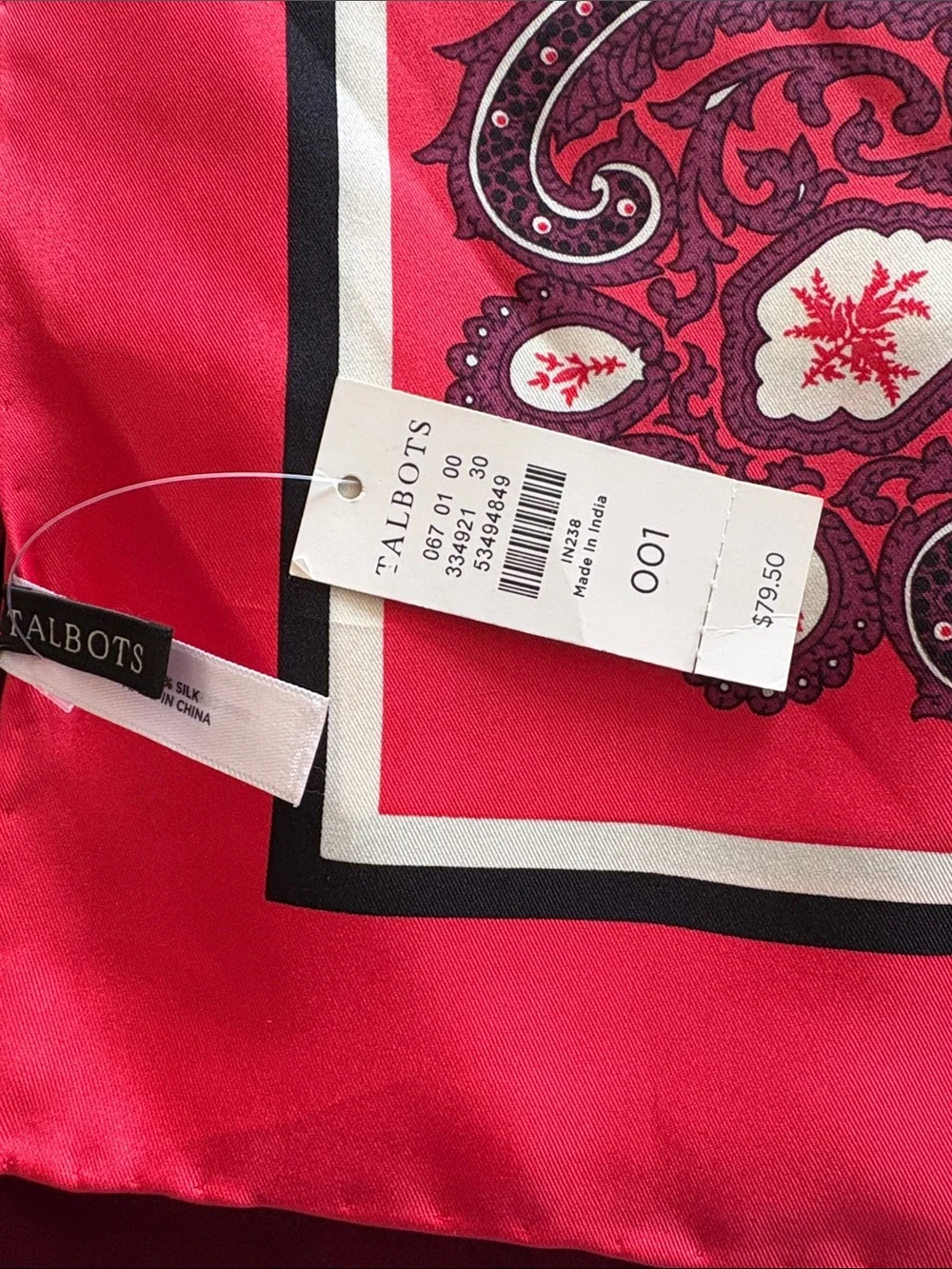 Talbots Vibrant Red Paisley Silk Square Scarf